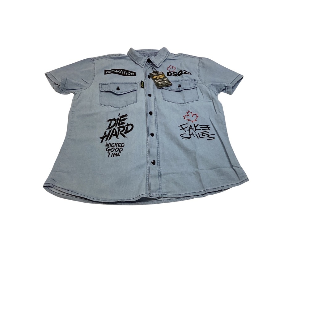 Depuration Jeans Mens Short Sleeve Graphic Denim Shirt Light Blue‎ Large NWT